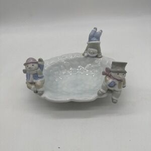 Pastel Snowmen Candy Dish‎ Christmas Winter Porcelain